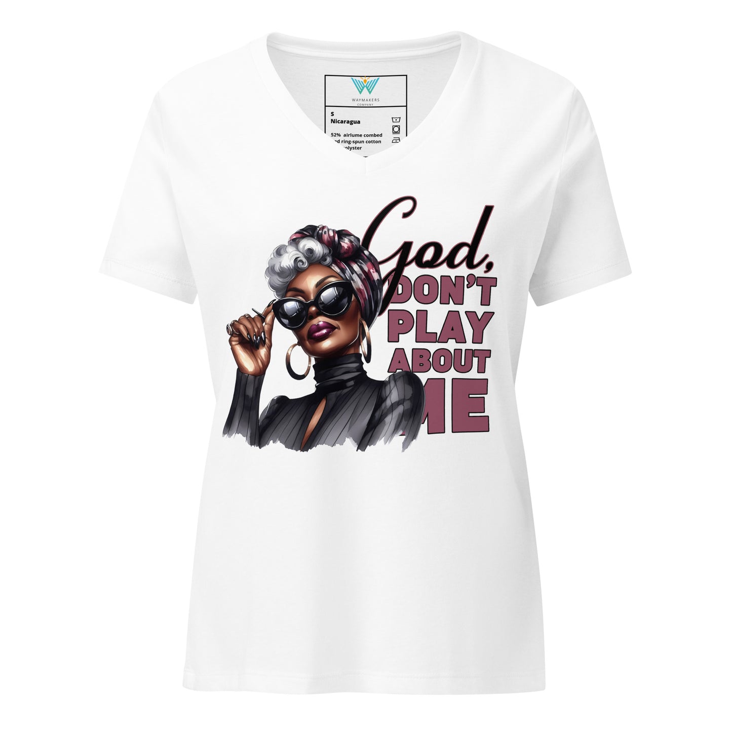 White t-shirt with graphic of a woman and text 'God, Don't Play About Me' on a white background
