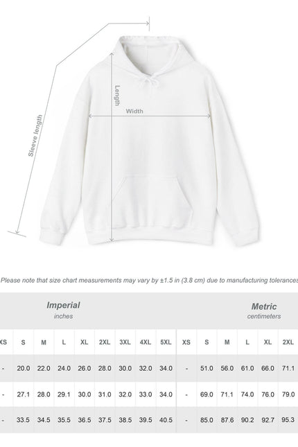 White hoodie with measurement chart on a white background