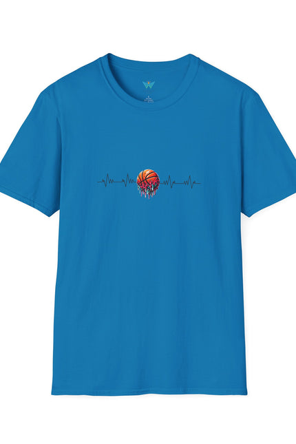 Blue t-shirt with a graphic design on a white background