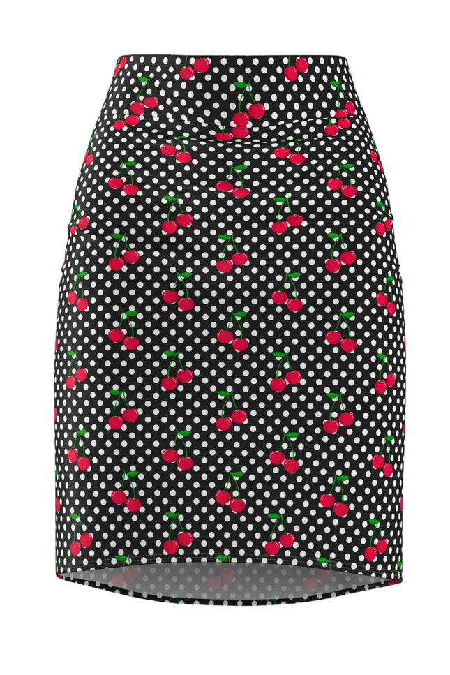 Skirt with polka dot and cherry pattern on a white background
