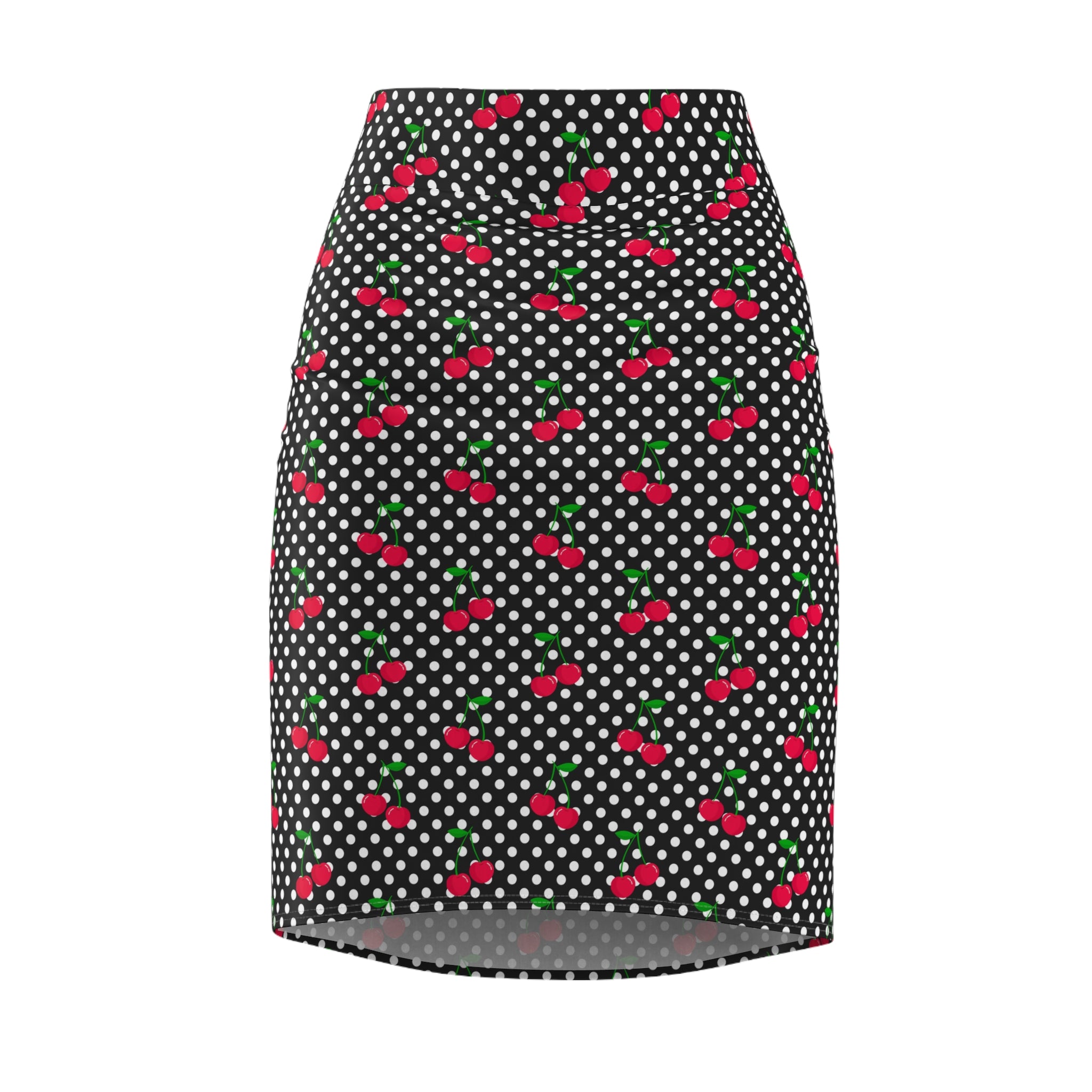 Skirt with polka dot and cherry pattern on a white background
