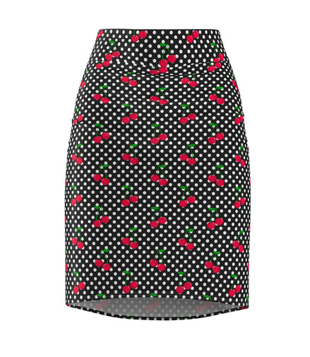 Skirt with polka dot and cherry pattern on a white background