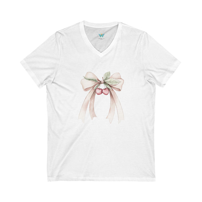 White t-shirt with a bow design on a white background