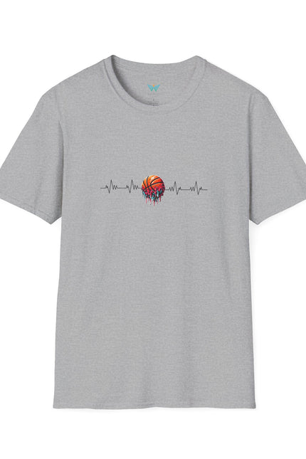 Gray t-shirt with a basketball and heartbeat line design on a white background