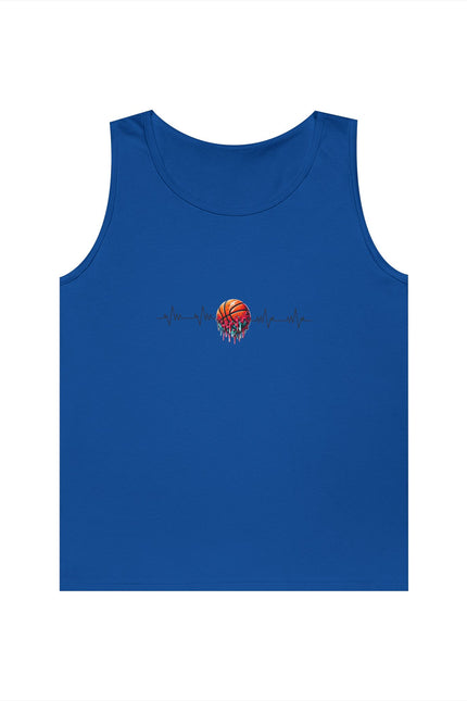 Blue tank top with a colorful graphic on a white background