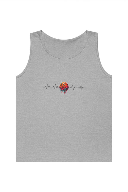 Gray tank top with a heart design and text on a white background