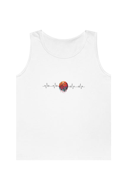 White tank top with a graphic design on a white background