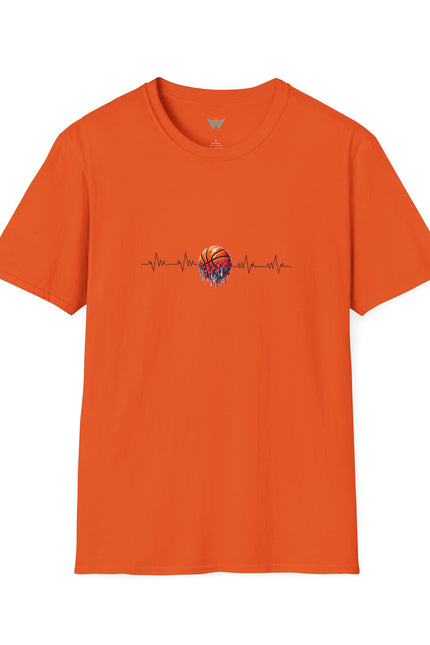 Orange t-shirt with a basketball design and heartbeat line on a white background