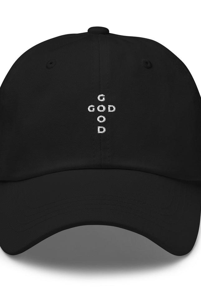 Black cap with 'G is GOOD' text on a white background