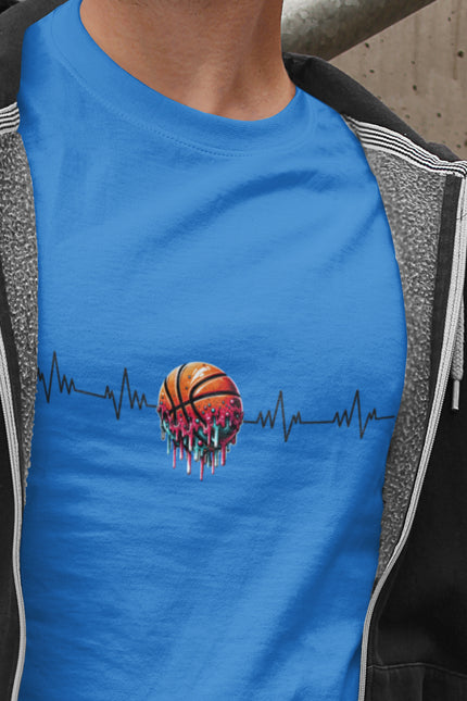 Person wearing a blue t-shirt with a basketball design and heartbeat line.