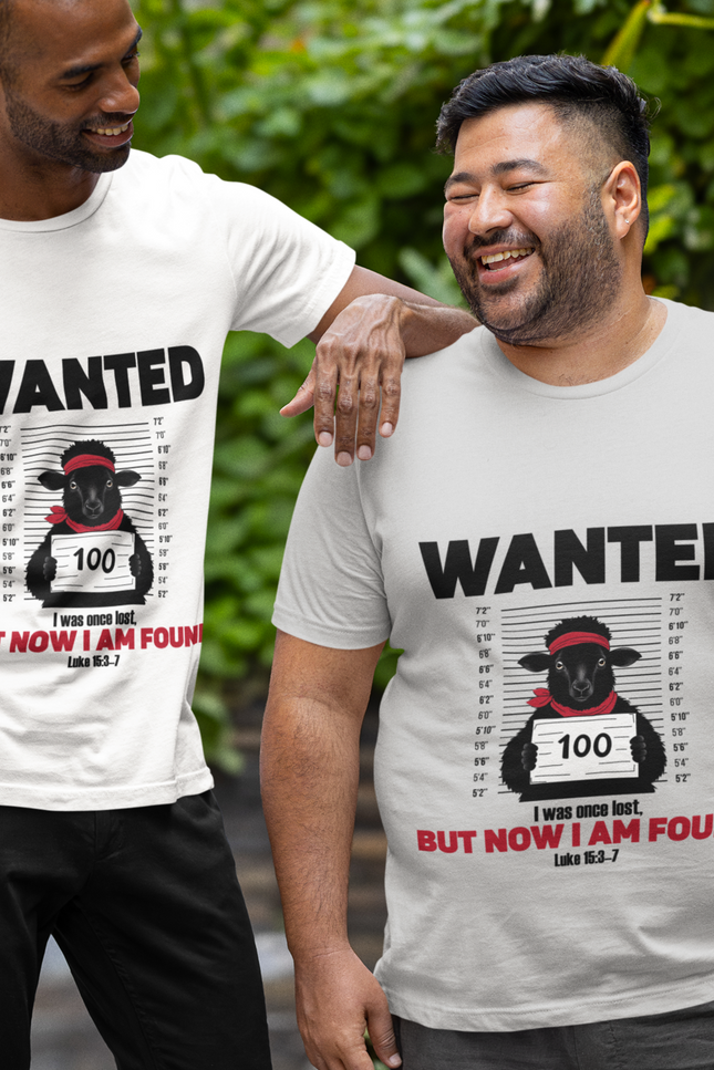 Two men wearing t-shirts with a 'Wanted' graphic design