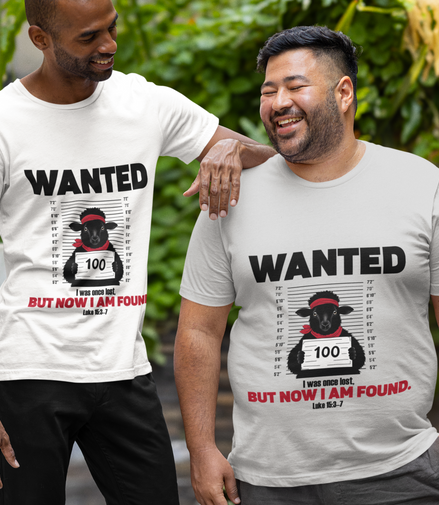 Two men wearing t-shirts with a 'Wanted' graphic design