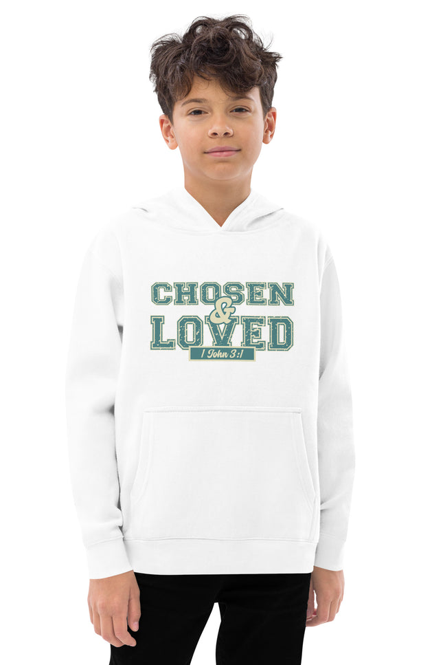 Child wearing a white hoodie with 'Chosen & Loved' text on a white background