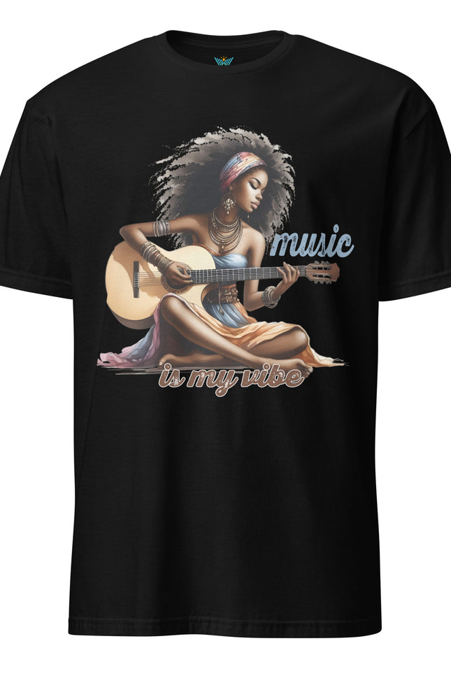 Black t-shirt with a graphic of a woman playing guitar and 'music is my vibe' text on a white background.
