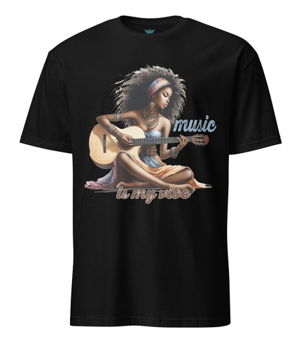 Black t-shirt with a graphic of a woman playing guitar and 'music is my vibe' text on a white background.