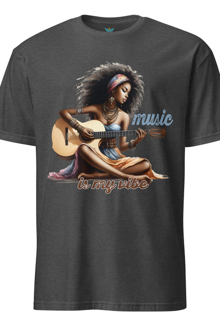 Black t-shirt with a graphic of a woman playing guitar and 'music is my vibe' text on a white background