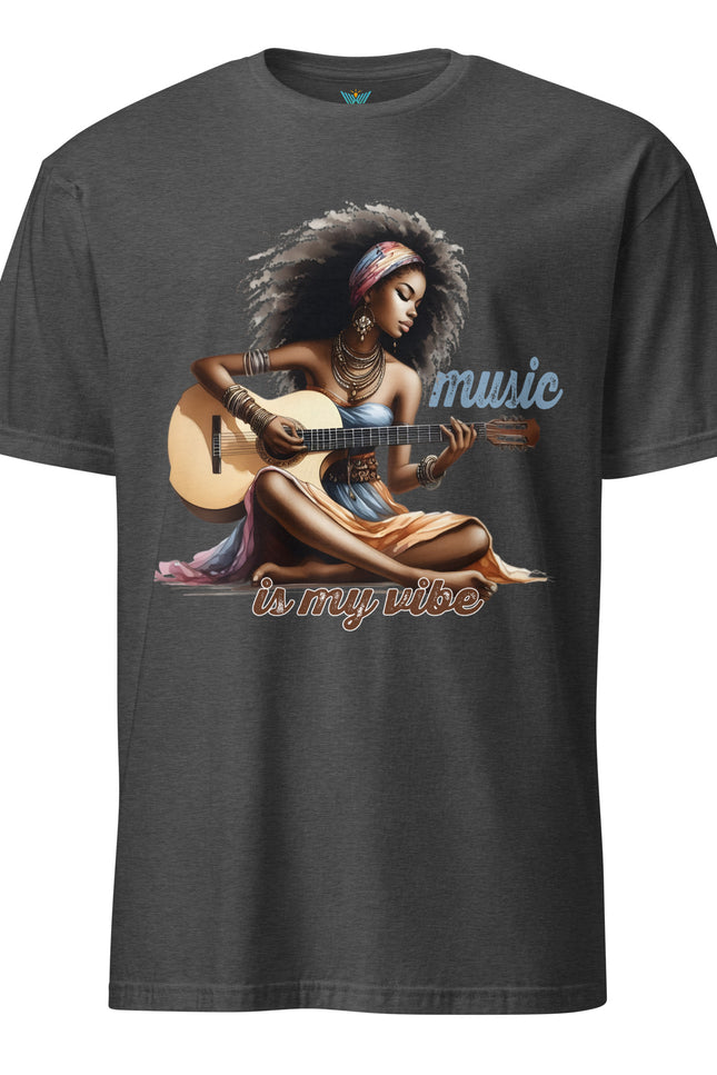 Black t-shirt with a graphic of a woman playing guitar and 'music is my vibe' text on a white background