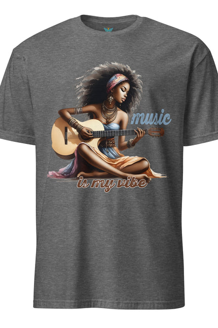 Gray t-shirt with a graphic of a woman playing guitar and 'music is my vibe' text on a white background