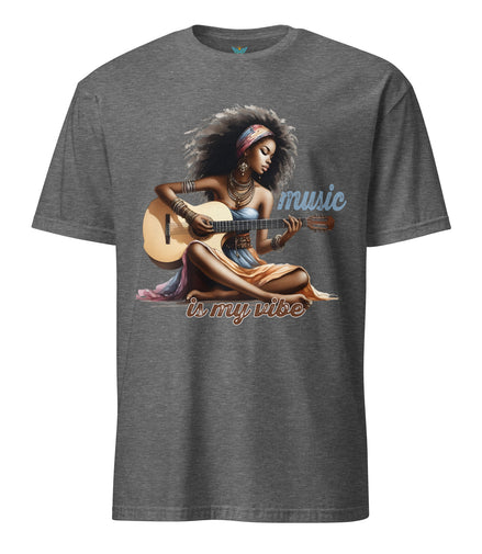 Gray t-shirt with a graphic of a woman playing guitar and 'music is my vibe' text on a white background