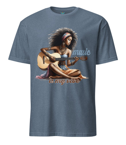 Blue t-shirt with a graphic of a woman playing guitar and 'music is my vibe' text on a white background