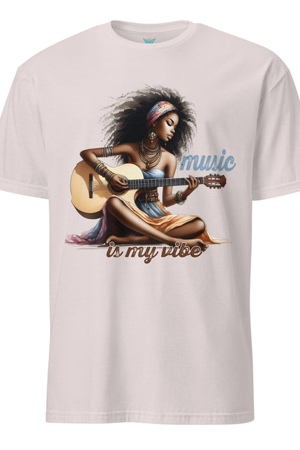 T-shirt with a graphic of a woman playing guitar and 'music is my vibe' text on a white background