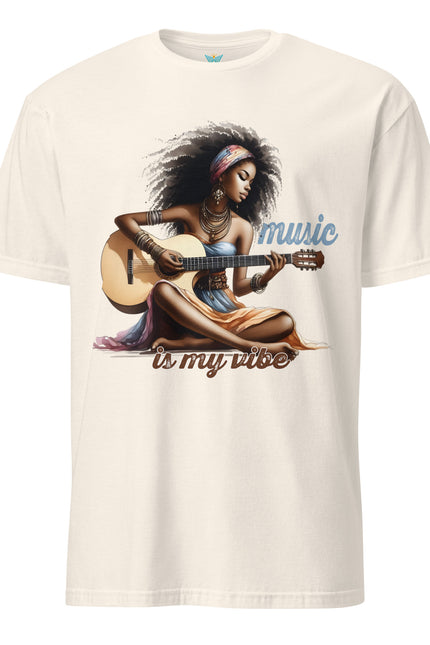 T-shirt with a graphic of a woman playing guitar and 'music is my vibe' text on a white background