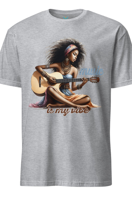 Gray t-shirt with a graphic of a woman playing guitar and 'Music is my vibe' text on a white background.