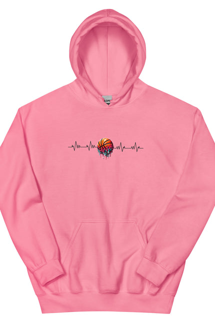 Pink hoodie with a colorful design on a white background