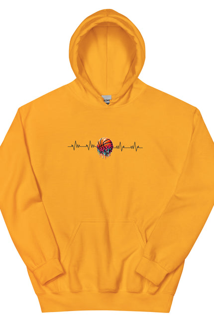 Yellow hoodie with a colorful design on a white background