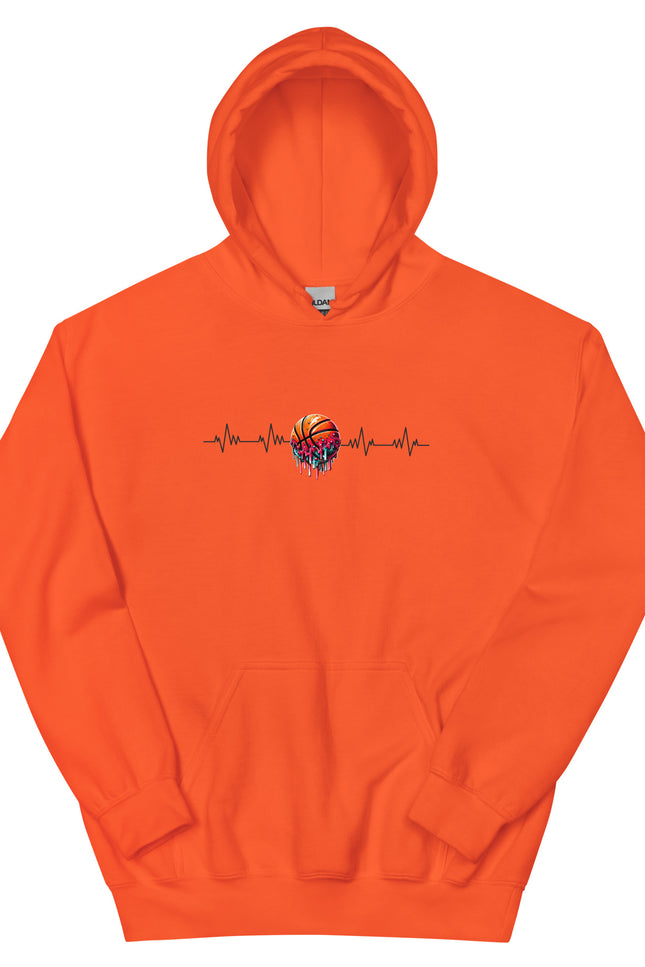 Orange hoodie with a graphic design on a white background