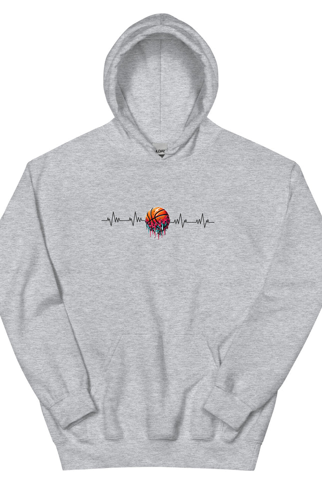 Gray hoodie with a colorful graphic and text on a white background