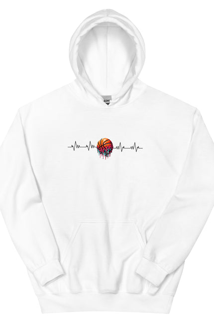 White hoodie with a colorful graphic design on a white background