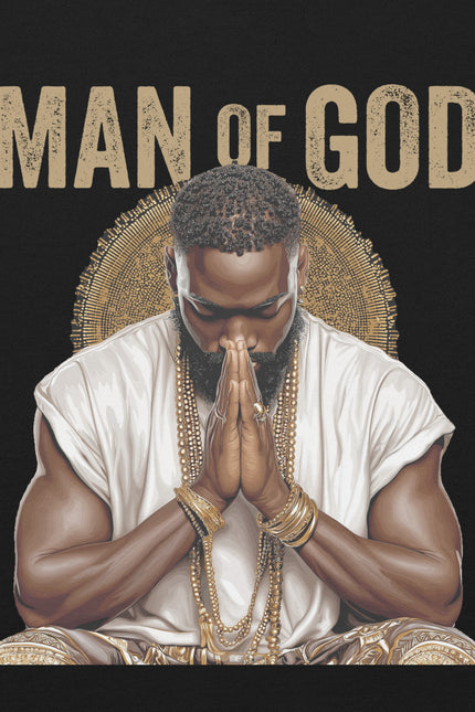 Man of God with text on a black background, with a man praying with wearing gold jewelry