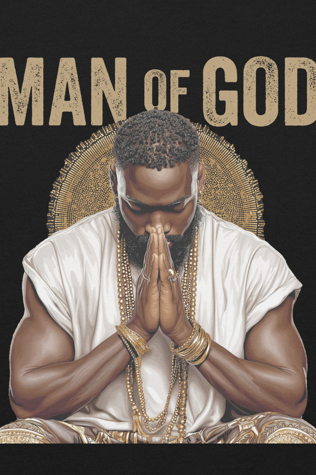 Man of God with text on a black background, with a man praying with wearing gold jewelry