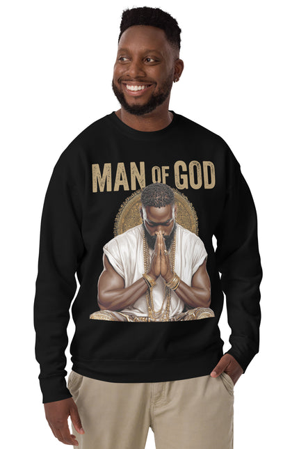 Man wearing a black sweatshirt with 'Man of God' graphic design on a white background