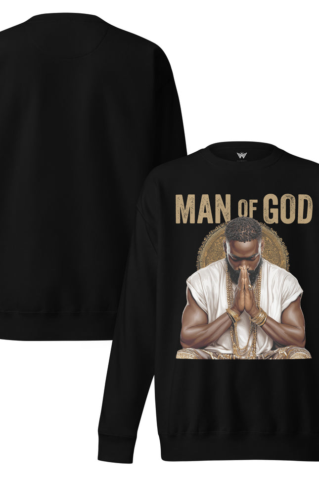Black sweatshirt with 'Man of God' graphic on a white background