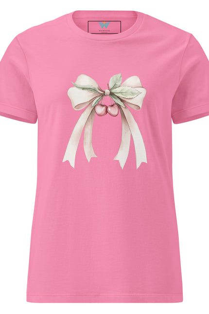 Pink t-shirt with a bow and cherry design on a white background