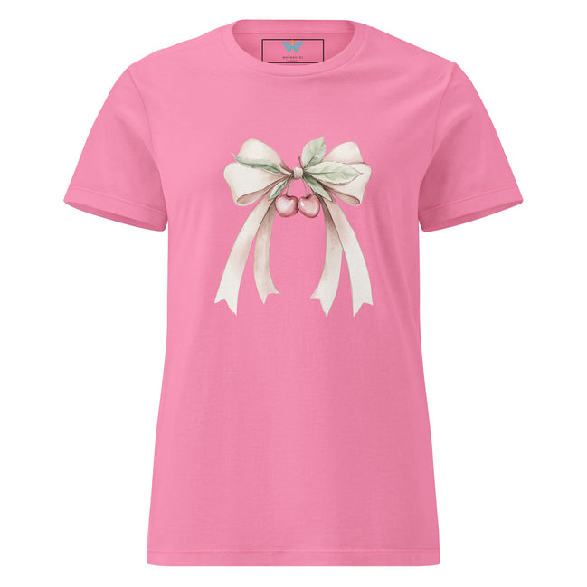 Pink t-shirt with a bow and cherry design on a white background