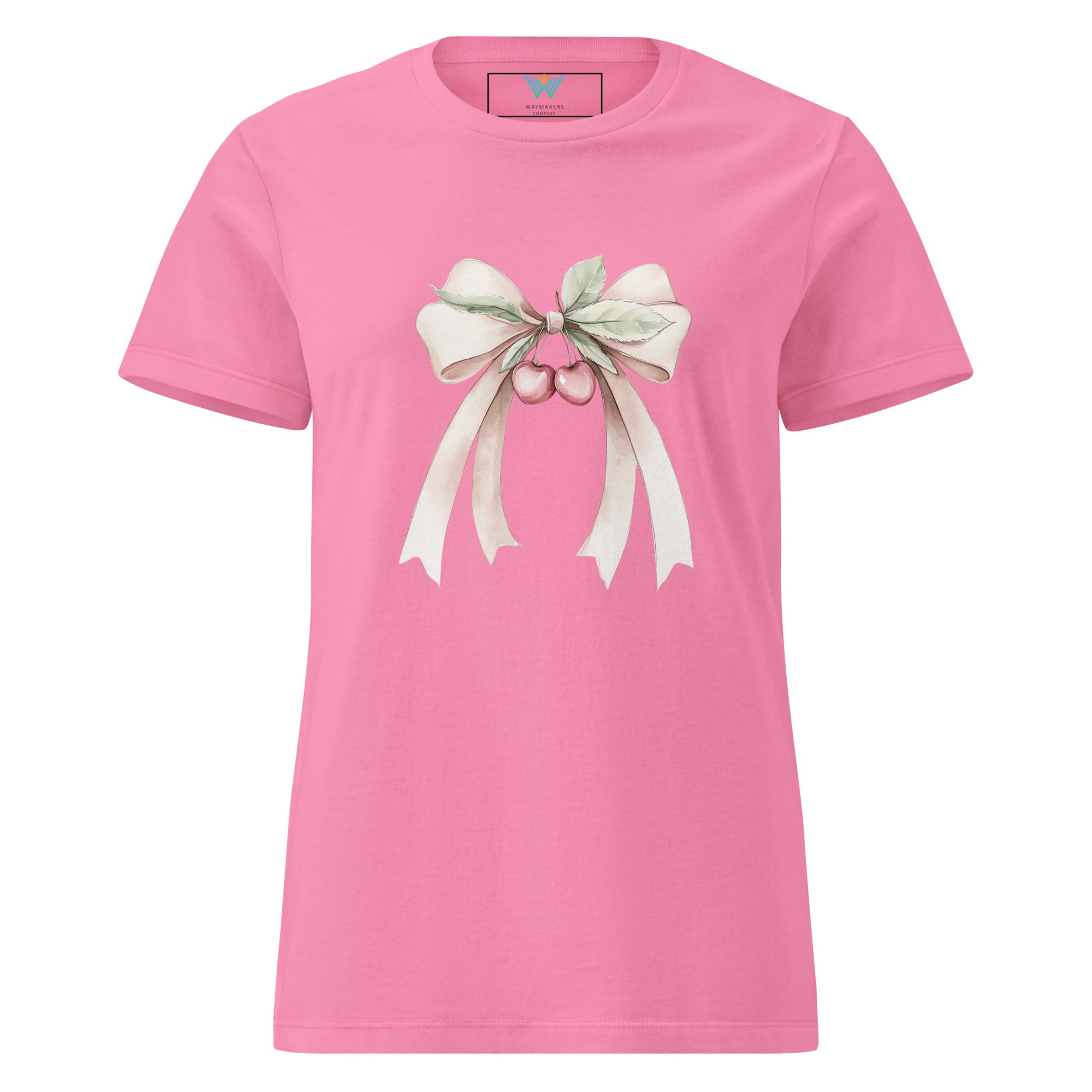 Pink t-shirt with a bow and cherry design on a white background