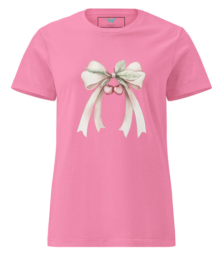 Pink t-shirt with a bow and cherry design on a white background