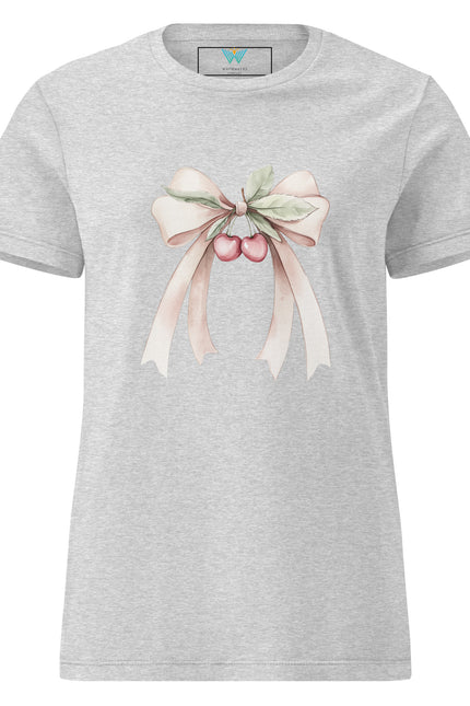 Gray t-shirt with a decorative bow and cherry design on a white background