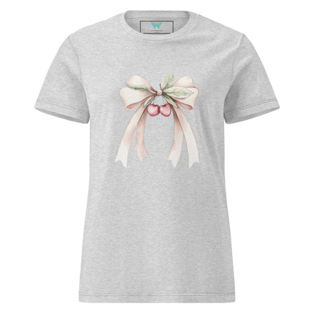 Gray t-shirt with a decorative bow and cherry design on a white background