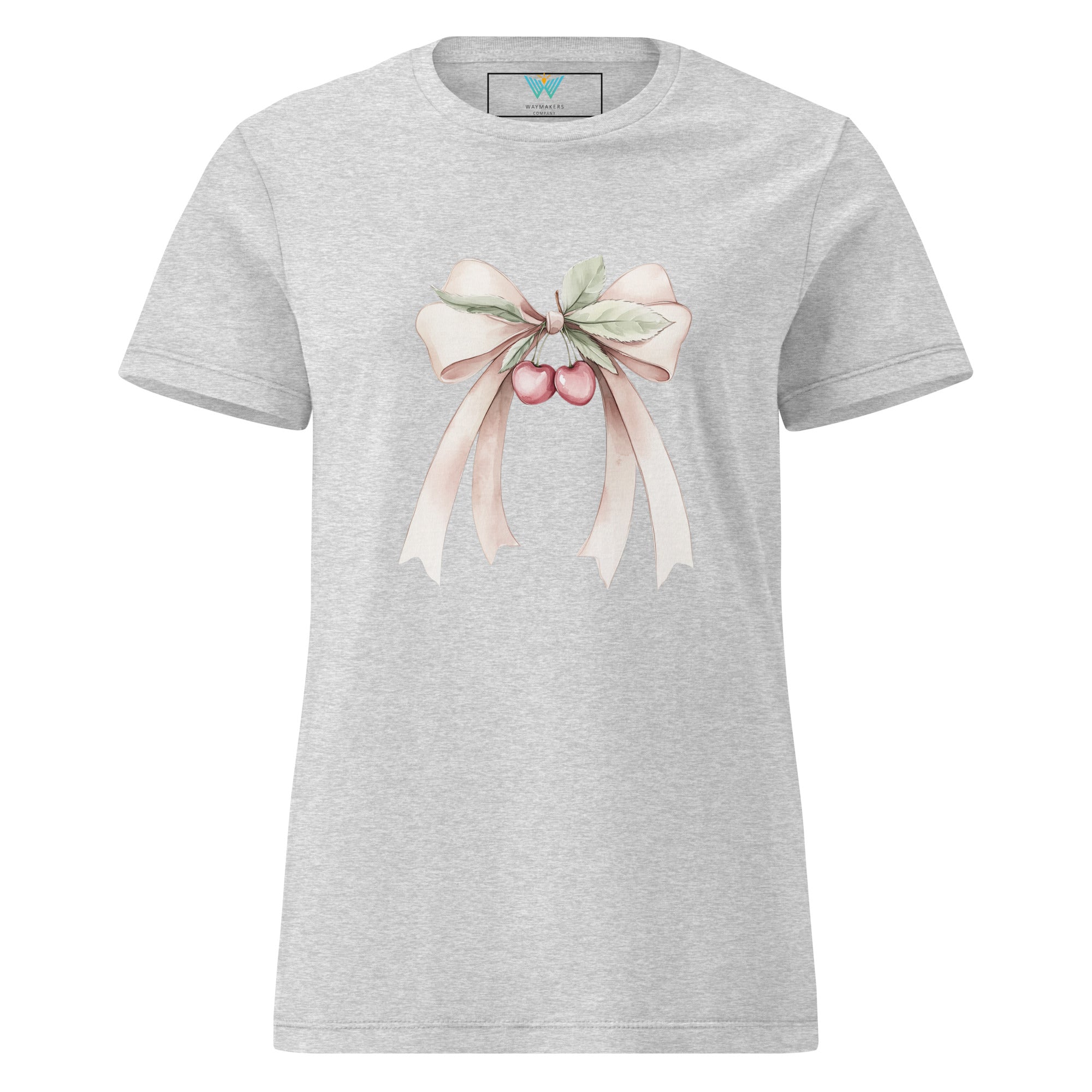 Gray t-shirt with a decorative bow and cherry design on a white background