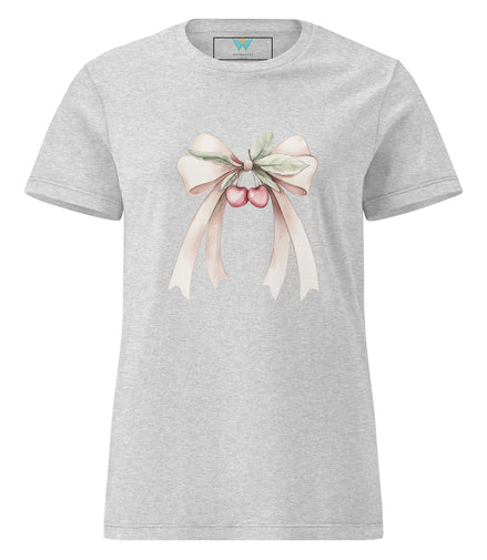 Gray t-shirt with a decorative bow and cherry design on a white background