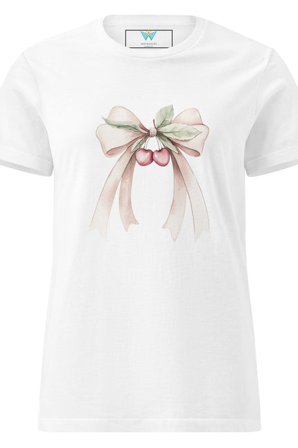White t-shirt with a decorative bow and cherry design on a white background