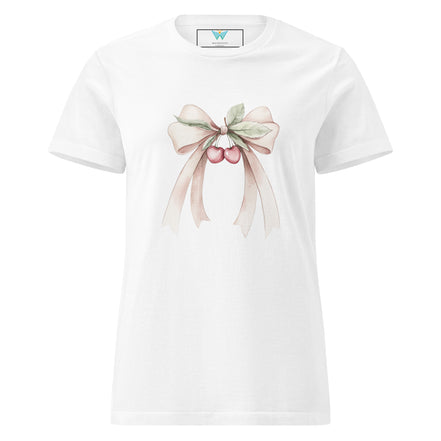 White t-shirt with a decorative bow and cherry design on a white background