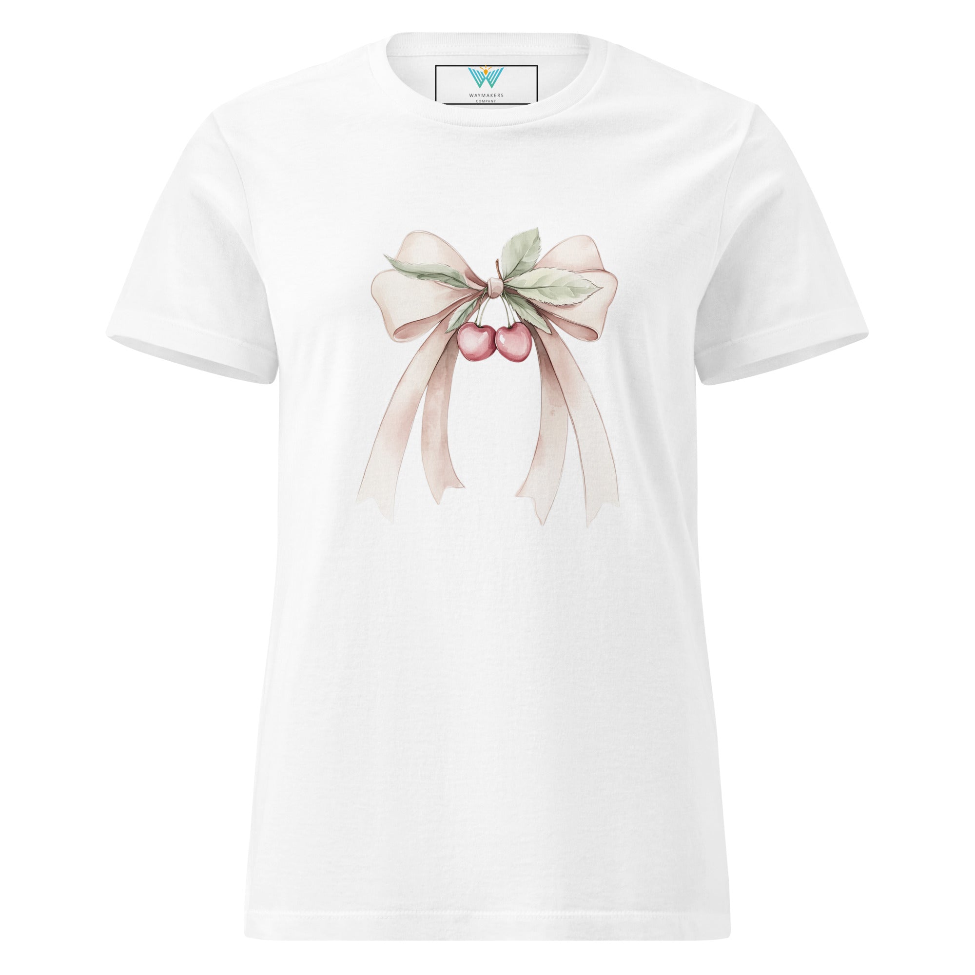 White t-shirt with a decorative bow and cherry design on a white background