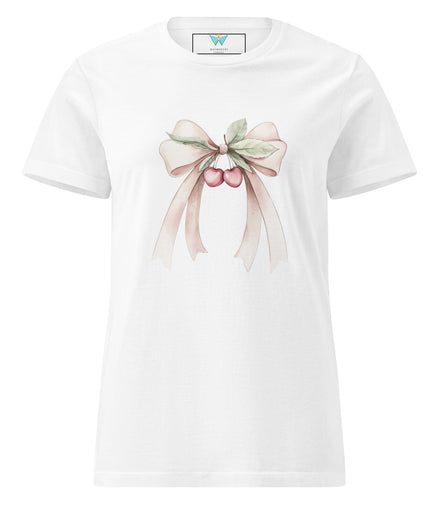 White t-shirt with a decorative bow and cherry design on a white background