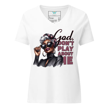 White t-shirt with graphic of a woman and text 'God, Don't Play About Me' on a white background